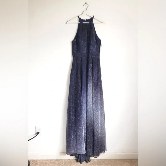 NWT Betsy & Adam Navy Blue Ombré Metallic Halter Neckline Dress Gown Size 8